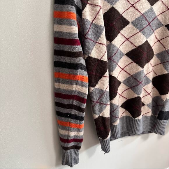 Colin Argyle Striped Wool Crewneck Sweater Womens Large Tan Gray Orange Preppy - Picture 3 of 5
